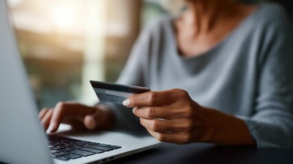 Close-up of a woman’s hands holding a credit card and typing on a laptop keyboard, symbolizing online shopping, digital payment, and e-commerce security. The soft morning light cre 4K - Powered by Adobe