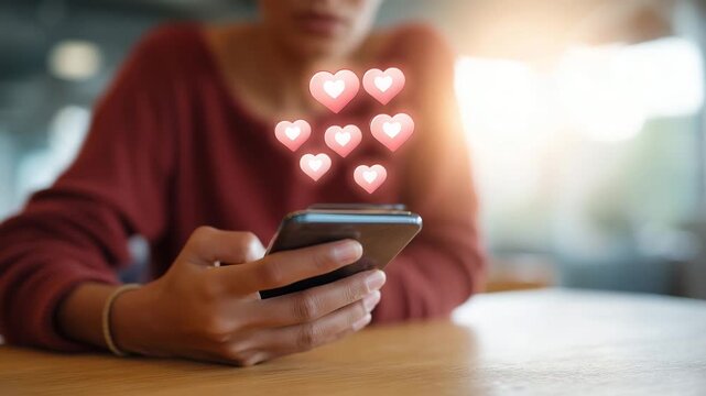 Close-up of a person using a smartphone with floating social media icons likes, hearts  4K