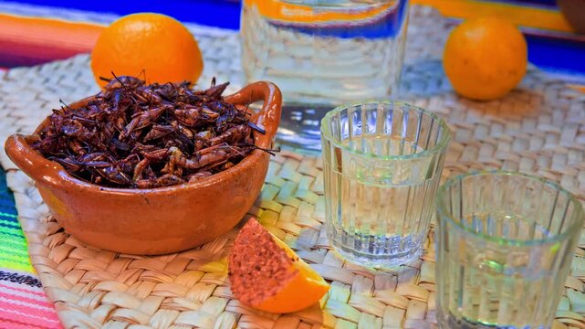 Toasted grasshoppers chapulines and mezcal drink