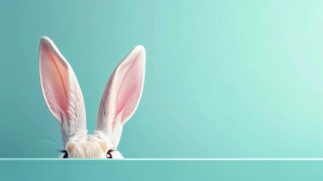 bunny ears and eyes  peeking over mint pastel surface in minimal easter studio scene on soft turquoise background with calm spring mood with large copy space