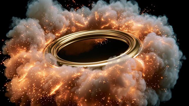 A gold ring is surrounded by a cloud of smoke. The ring is the center of the smoke and it looks like it is being blown away by the wind