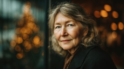 Elderly woman with kind eyes and elegant gray hair smiles gently toward camera next to warm bokeh lights
