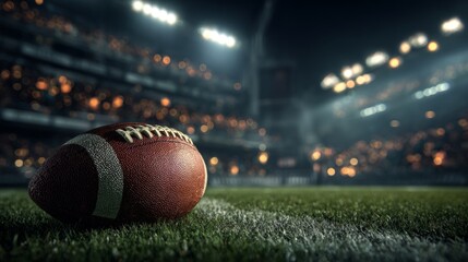 American football on a grass field inside a stadium at night with lights and copy space