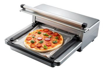 Food sealer machine sealing frozen pepperoni pizza isolated on a transparent background vacuum sealer