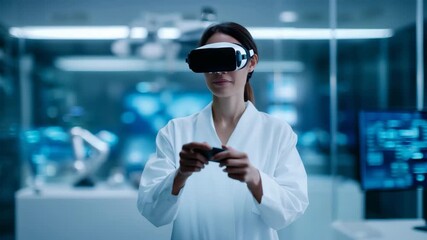 woman wearing a sleek VR headset and holding controllers stands in a futuristic laboratory filled with holographic projections, neon blue light, and advanced digital interfaces 4K - Powered by Adobe