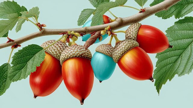 A branch with a bunch of acorns, some of which are blue. The blue ones are in the middle of the bunch