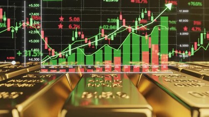Gold bars with financial charts showing rising price and investment trends on black background, economic data concept. - Powered by Adobe