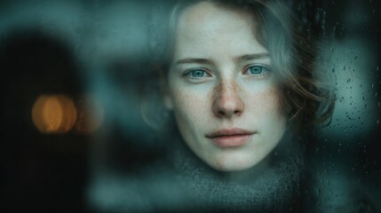 Young woman contemplates scene, face close to rainy window pane, blue eyes show deep emotion.