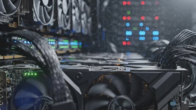 Close up view of multiple high-performance graphics cards inside a cryptocurrency mining farm