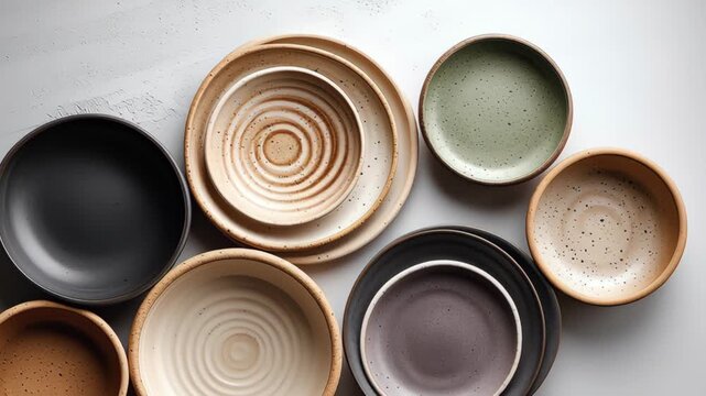 Collection of handcrafted ceramic bowls arranged in a visually appealing layout showcasing various colors and textures, emphasizing the unique design and craftsmanship of each piece in a cohesive disp