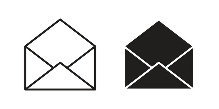 Open envelope icons in line art and flat black clipart design style