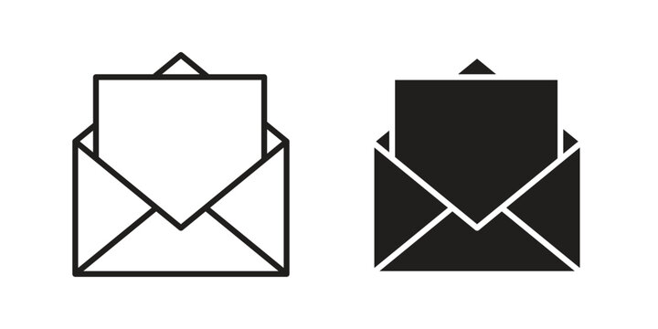 Open email icons in line art and flat black clipart design style