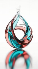 Colorful swirling glass sculpture with red and blue hues on white background