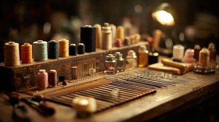 Artisan Sewing Workspace with Threads, Needles, and Vintage Tailoring Tools