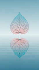 Delicate leaf skeleton with pink blue gradient reflected on calm water surface
