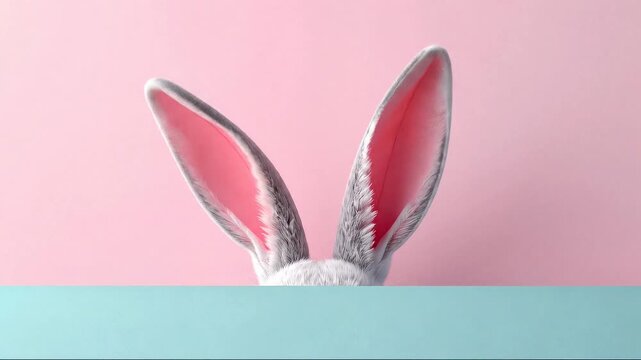 bunny ears peeking over pastel turquoise surface on soft pink background in minimal easter studio scene with large copy space