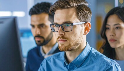 Team of focused individuals collaborating on a project, illuminated by the glow of a computer screen. Their faces are reflecting the intensity of the situation