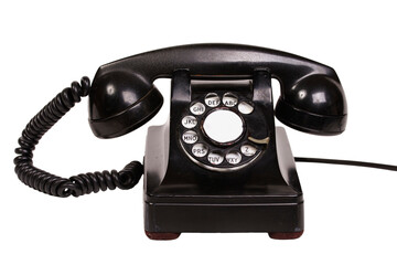 An old dial desk phone on a transparent background.