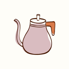 Coffee kettle with long curved spout, rounded body and soft pastel fill on a light background. Cozy kitchen item for cafe branding, packaging, menus, labels, stickers and coffee visuals