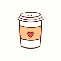 Takeaway coffee cup with lid and heart icon. Simple beverage element for cafe branding, packaging, menus, stickers, icons and coffee themed designs