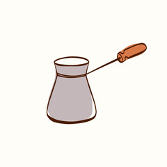 Coffee cezve pot with long handle drawn in clean outline on a light background. Simple kitchen element suitable for cafe branding, menus, packaging, stickers, icons and coffee themed designs