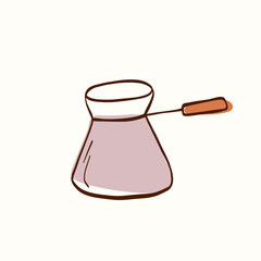 Coffee cezve pot with long handle drawn in clean outline on a light background. Simple kitchen element suitable for cafe branding, menus, packaging, stickers, icons and coffee themed designs