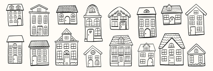 Hand-drawn vintage house illustration set, European cottages, simple line silhouettes. Designed for Christmas posters, cozy banners, and simple city illustrations, coloring book