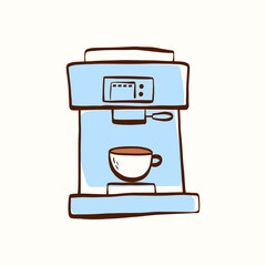 Coffee machine with cup in simple hand-drawn style on a light background. Minimal kitchen appliance element for cafe branding, coffee packaging, menus, stickers and breakfast designs