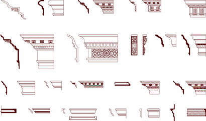 Technical vector of classical architectural moldings, featuring detailed cornice profiles, crown moldings, and wall trims. © Riki