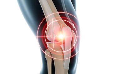 Human knee joint with highlighted pain area and inflammation medical illustration isolated on transparent background

