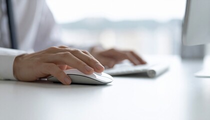 A person at a desk working on a computer using a mouse and keyboard