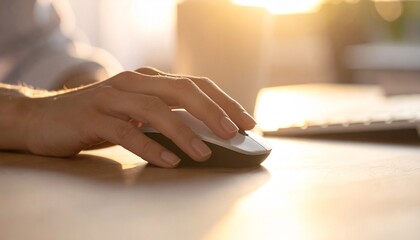A hand operates a computer mouse, highlighting the modern work process, set against a background bathed in soft light. The image symbolizes work, technology, and productivity.