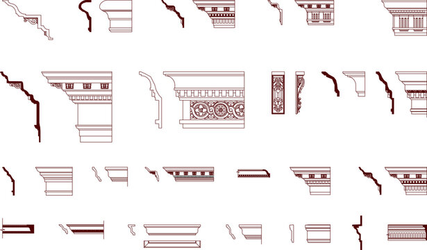 Technical vector of classical architectural moldings, featuring detailed cornice profiles, crown moldings, and wall trims.
