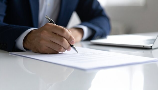 A person signing an important document with a pen, a close-up shot that captures the act of commitment. A laptop is placed slightly behind the paper on the desk.