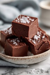 Dark Chocolate Fudge Cubes with Sea Salt on Rustic Plate