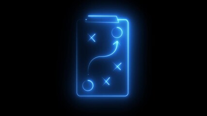 glowing neon playbook icon with clean line design on a dark background. Represents strategy planning, tactics, coaching, business planning, sports playbook, and step-by-step guidance in a modern. - Powered by Adobe