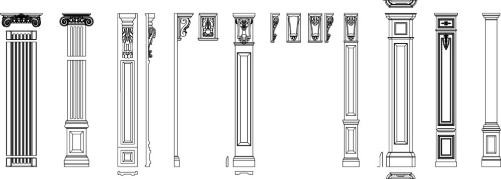 Technical vector of various architectural pillars and supports, featuring ornate capitals, fluted shafts, and wall brackets.