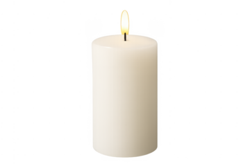 White pillar candle burning with flame on transparent background
