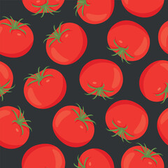 Tomato Seamless Pattern, Vector Illustration. Red Tomatoes on Black Background. Repeat Tile for Kitchen Design, Tomato Wallpaper, Textile, Packaging, Wrapping Paper, Fabric
