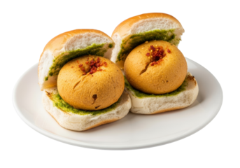 mini buns with green chutney and fried balls on white plate
