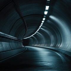 Fototapeta premium Futuristic Curved Underground Tunnel with Cool Blue Lighting and Empty Road