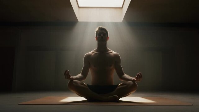 Person meditating under skylight