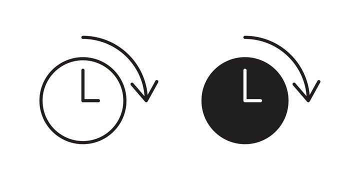 Time forward icons in line art and flat black clipart design style