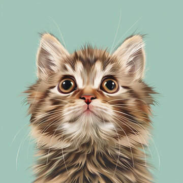 Fluffy kitten with big expressive eyes on mint background, photorealistic vector style portrait, cute and gentle animal illustration for decor and design