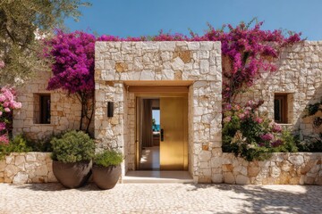 Fototapeta premium The brilliant sunlight casts a warm glow on a stone building adorned with colorful flowers at its entrance, situated near the serene sea on a perfectly clear day