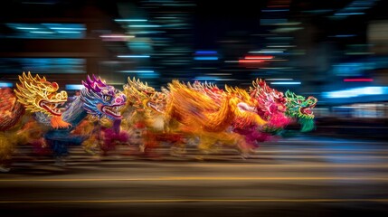 Dragon Dance Silhouettes on Blurred Background with Colorful Motion Blur