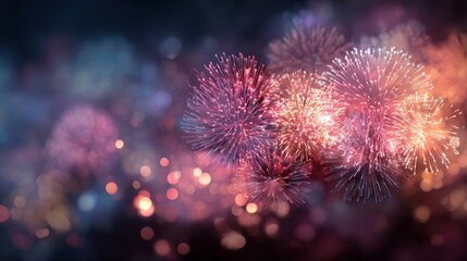 Fireworks Explosion on Blurred Night Sky with Abstract Bokeh