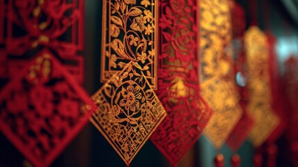 Paper Cut Decorations on Blurred Background with Red Gold Bokeh