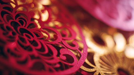 Paper Cut Decorations on Blurred Background with Red Gold Bokeh