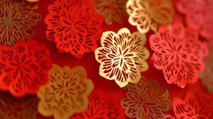 Paper Cut Decorations on Blurred Background with Red Gold Bokeh